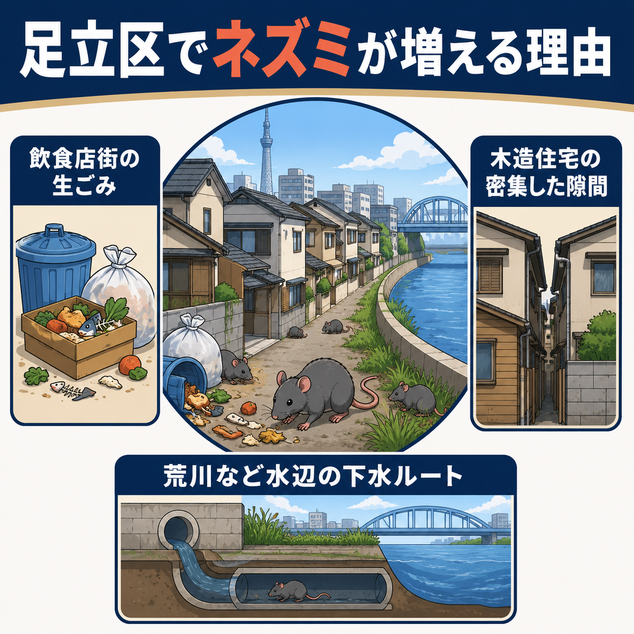 足立区でネズミが増える3つの理由(飲食店街の生ごみ・木造住宅の密集・荒川など水辺)を示した図解