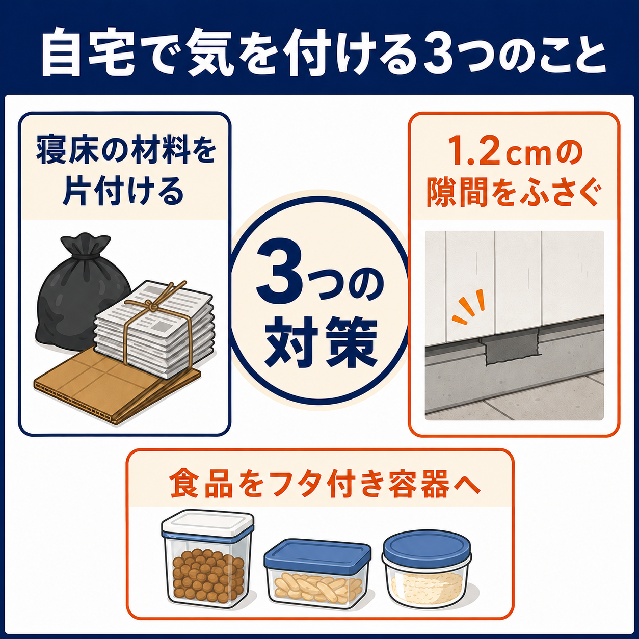 足立区でネズミを寄せ付けないために自宅で気をつける3つのポイントを図解した正方形イラスト