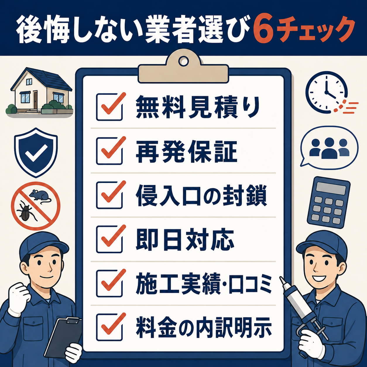 足立区でネズミ駆除業者を選ぶときの6つのチェックポイントをまとめた図解