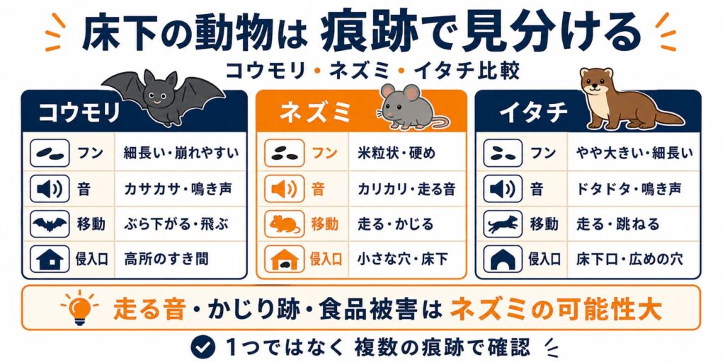 コウモリ・ネズミ・イタチの痕跡比較