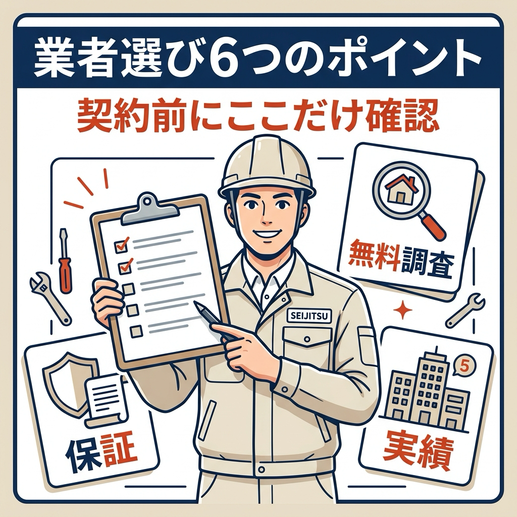ねずみ駆除業者の選び方6つのポイント（無料調査・保証・スピード・実績・自社施工・第三者評価）の図解