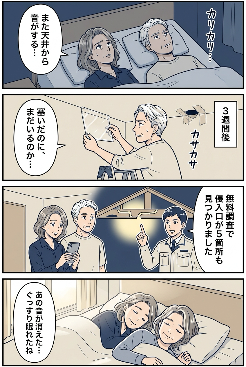 江戸川区の50代夫婦が天井裏のねずみの音に悩み、自力対策の失敗を経て駆除業者に相談して解決する4コマ漫画