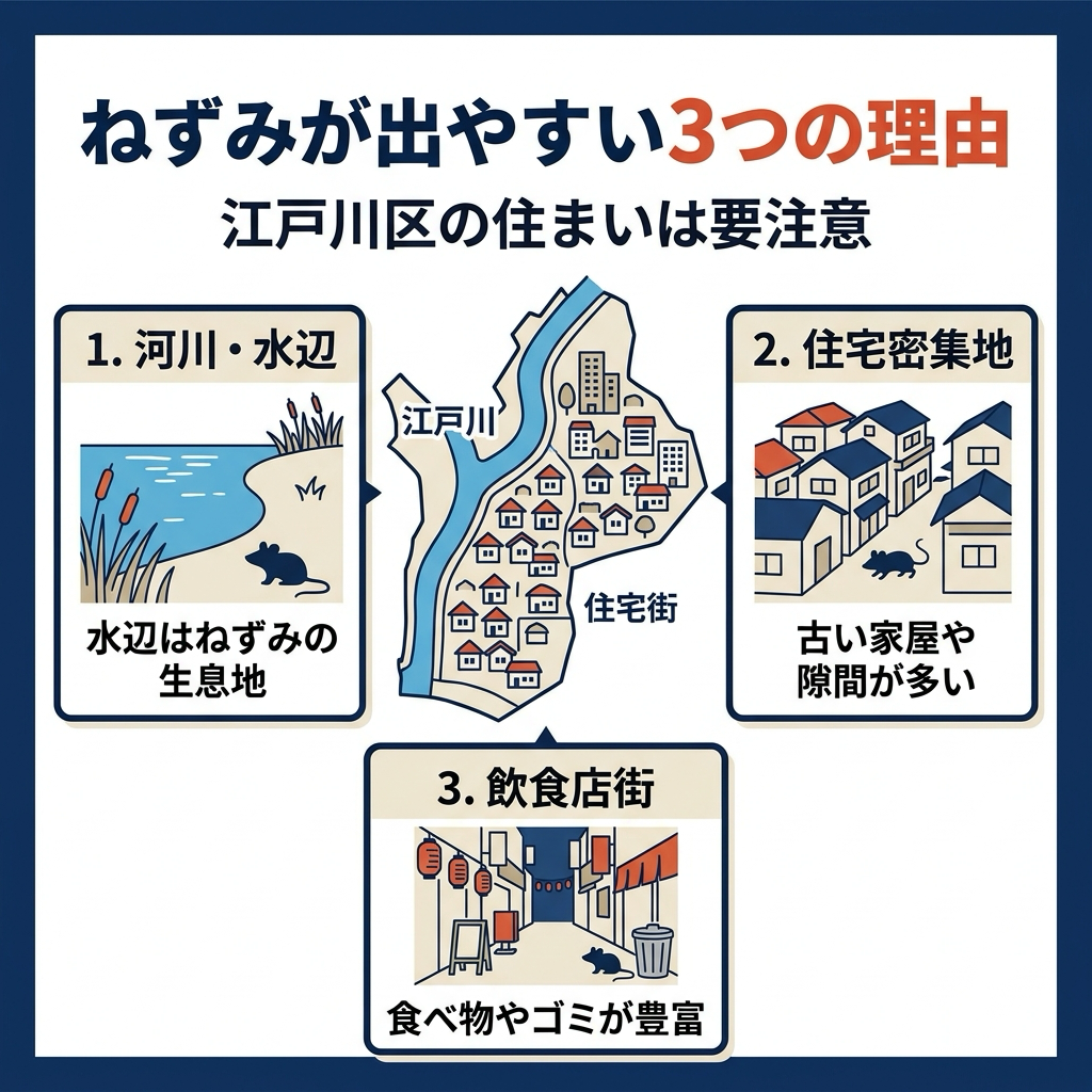 江戸川区でねずみ被害が増えやすい3つの理由（河川・住宅密集・飲食店街）を示した図解