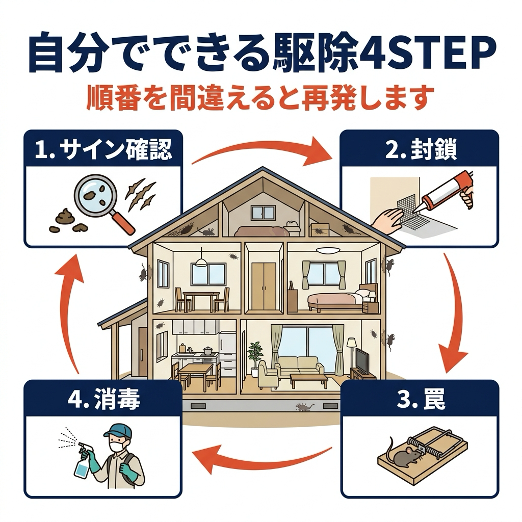ねずみの侵入口チェックと自分でできる駆除4STEP（ラットサイン・封鎖・罠・消毒）の図解
