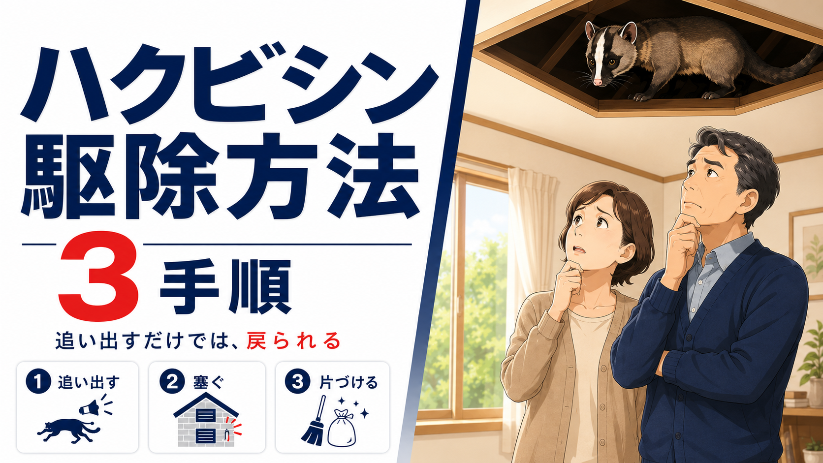 ハクビシン駆除方法の全体像を示したアイキャッチ画像。追い出す・侵入口を塞ぐ・フンを片づけるという3手順の順番を1枚にまとめた図解
