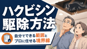 ハクビシン駆除方法のアイキャッチ。自分でできる範囲とプロに任せる境界線を示した図解