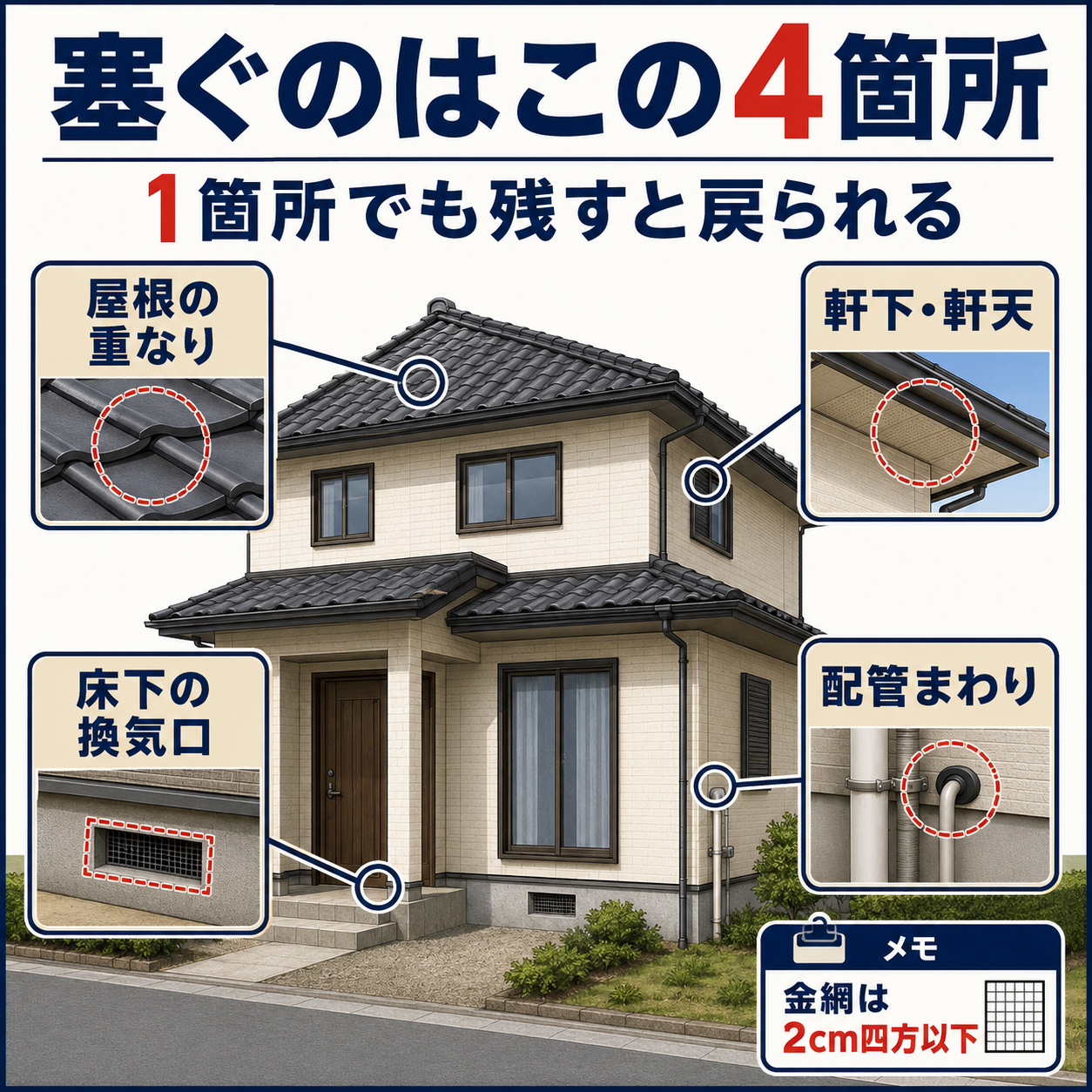 ハクビシンの侵入口になりやすい屋根の重なり・軒下・換気口・配管まわりの4箇所と金網の目安サイズを示した図解