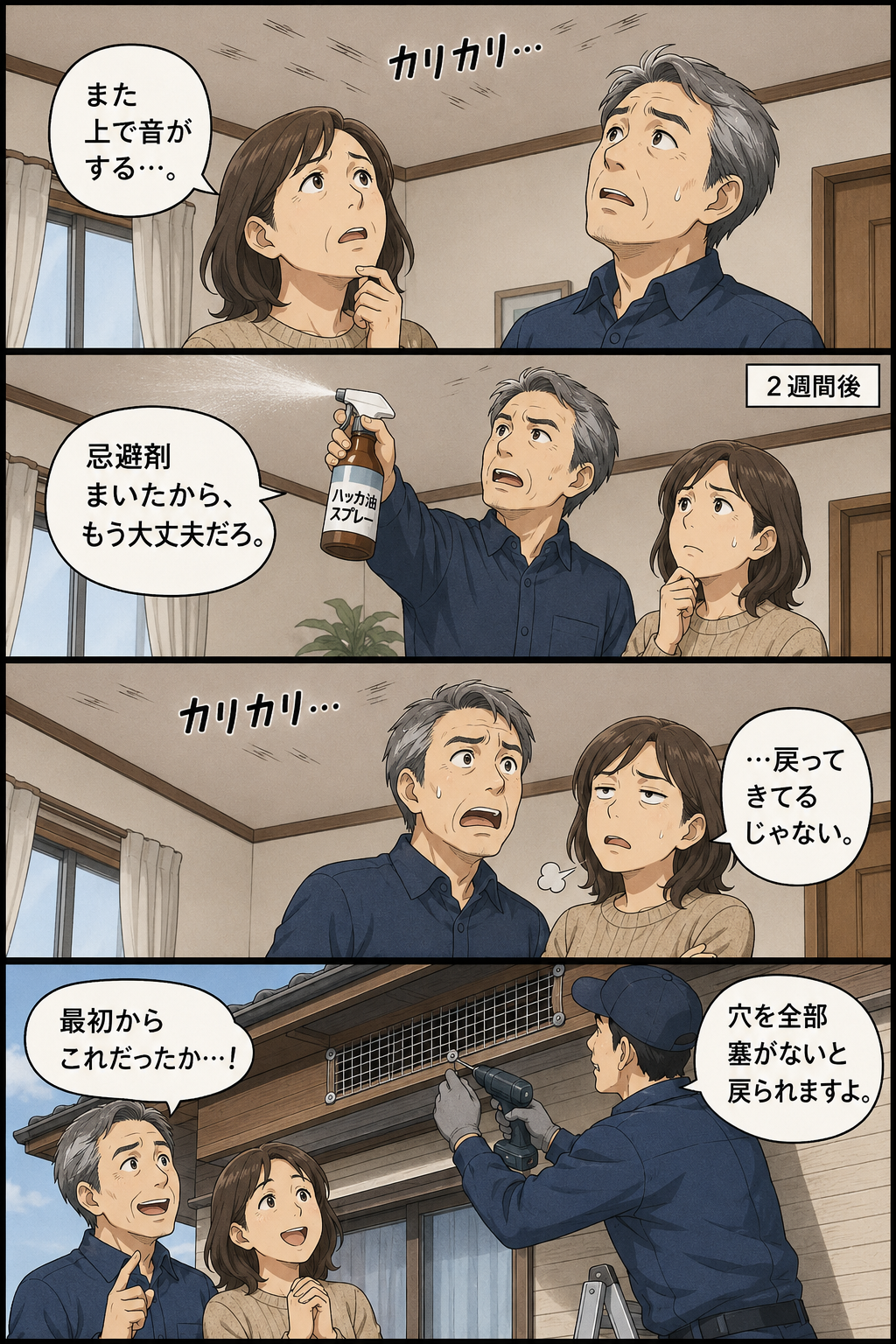 ハクビシン駆除方法として忌避剤だけで追い出した夫婦が再侵入され、侵入口封鎖まで行って解決する4コマ漫画