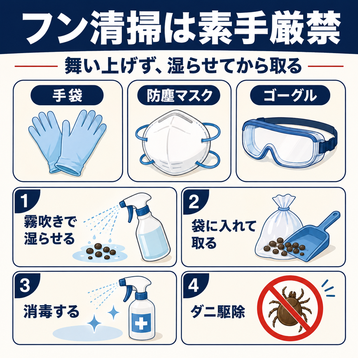 ハクビシンのフン尿を安全に清掃する手順の図解。手袋・防塵マスクの着用、霧吹きで湿らせてから除去、消毒とダニ駆除までの流れを示す
