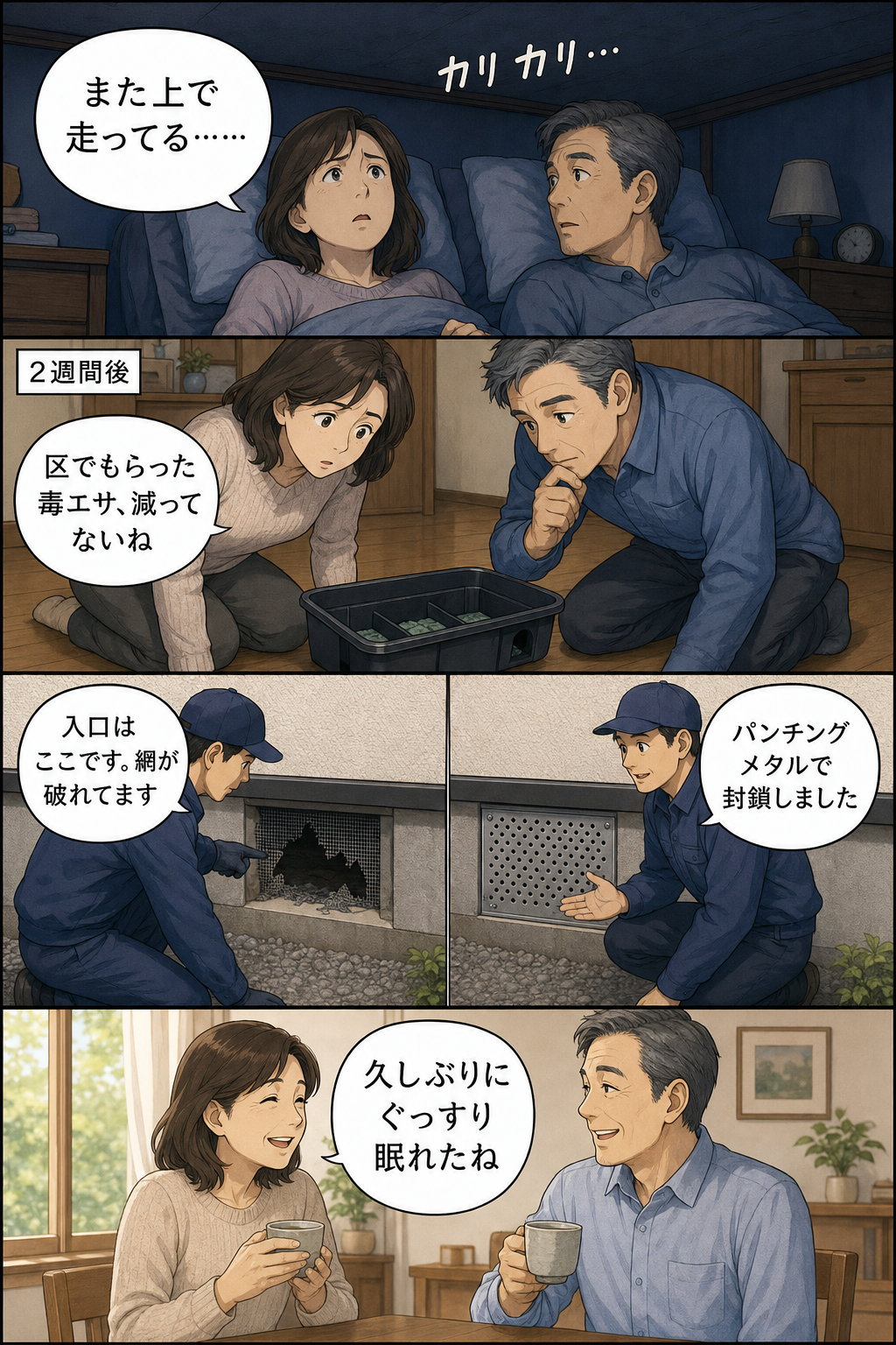 葛飾区で天井裏のネズミに悩む夫婦が区の毒エサでは解決せず業者に床下通風口を塞いでもらう4コマ漫画