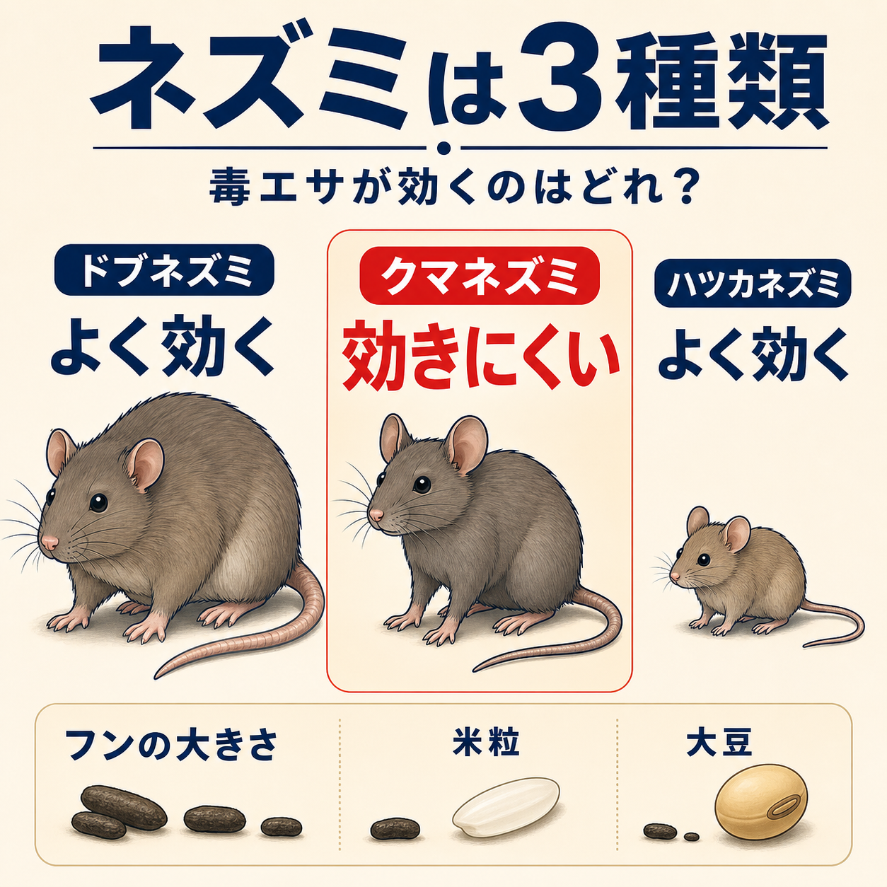 葛飾区で被害の多いクマネズミとドブネズミ・ハツカネズミの体長とフンの大きさ・殺そ剤の効き方の違いを示した図解