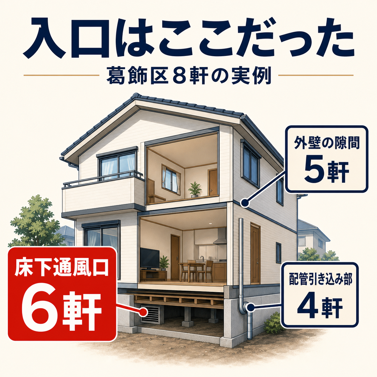 葛飾区の施工実例8軒でネズミの侵入口となった床下通風口6軒・外壁の隙間5軒・配管引き込み部4軒を家の断面図で示した図解