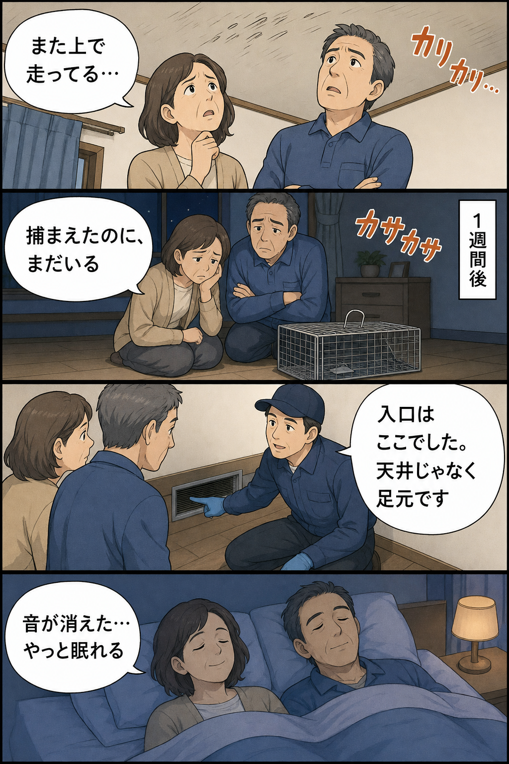 東京都北区の夫婦が天井裏のネズミに気づき、区で借りた捕獲器でも解決せず、業者が侵入口を塞いで解決するまでの4コマ漫画