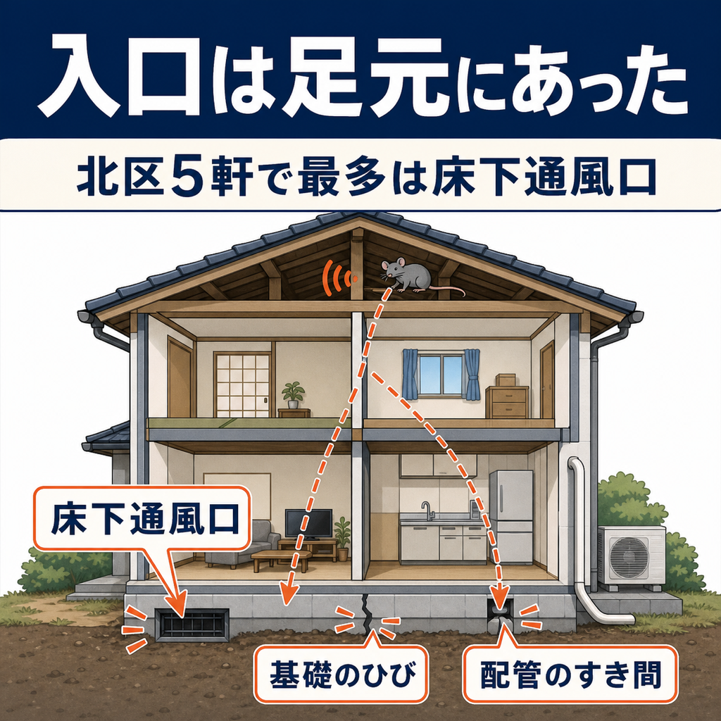 東京都北区の施工5軒で確認されたネズミの侵入口を家の断面図に示した図解。床下通風口と基礎まわりが各3軒で最多