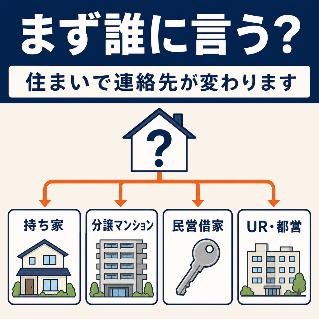 持ち家・分譲マンション・民営借家・UR都営公社の4パターン別に、ネズミ駆除で最初に連絡する先と費用負担者を示した分岐フロー図解