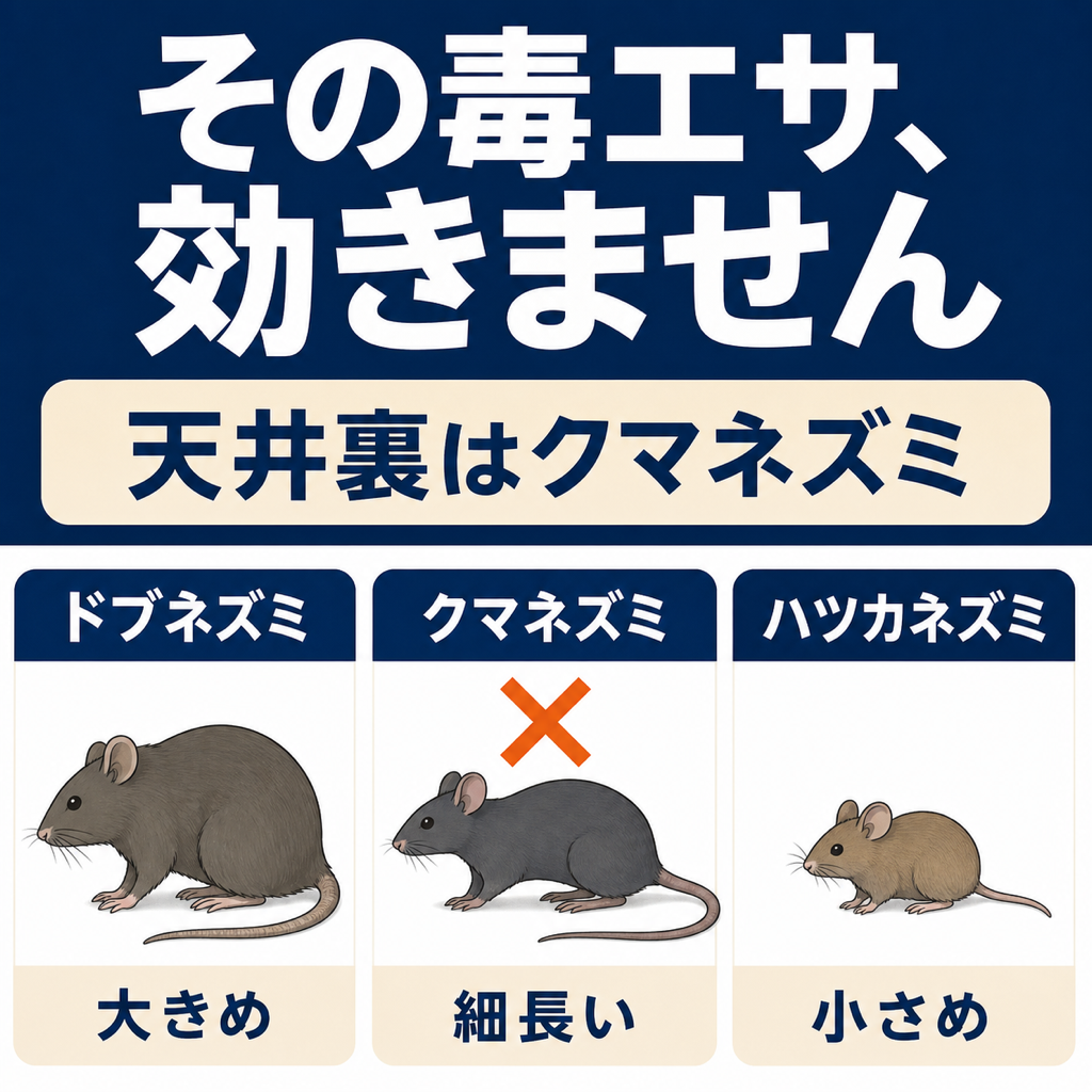 ドブネズミ・クマネズミ・ハツカネズミの体長と生息場所の違い、および殺鼠剤の効きやすさを比較した図解