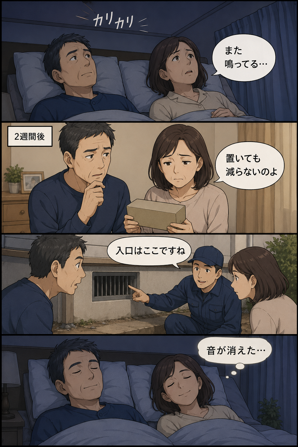 中野区の戸建てに住む50代夫婦が天井裏のネズミに悩み市販の毒餌で失敗し業者に依頼して解決する4コマ漫画