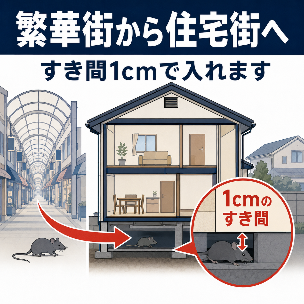 中野区で繁華街から住宅街へネズミの生息域が広がる経路と1センチの隙間から侵入する図解