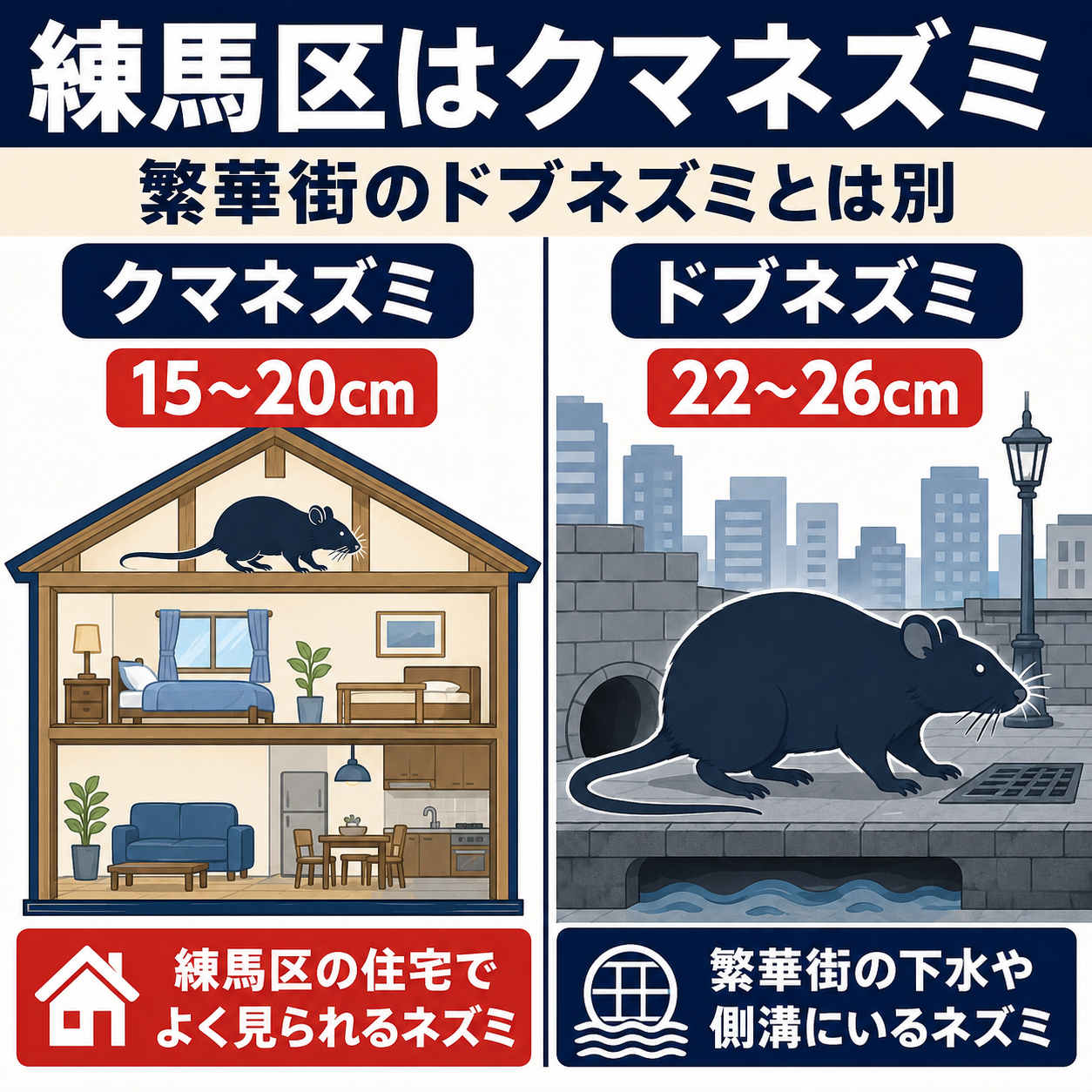 練馬区のネズミ駆除で相談が多いクマネズミと、繁華街に出るドブネズミの生息場所と体長の違いを対比した図解