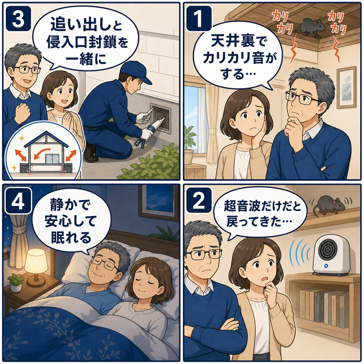 ネズミを殺さず見ずに家から追い出す方法を夫婦が実践する4コマ漫画