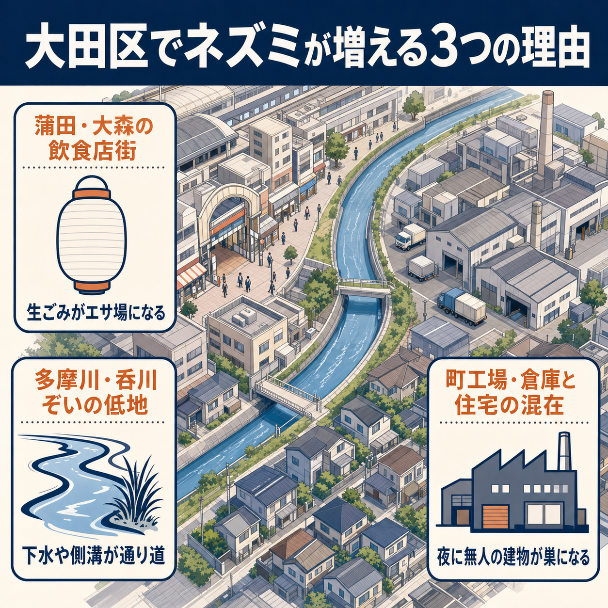 大田区でネズミが増える3つの地理条件(蒲田大森の飲食店街・多摩川と呑川沿いの低地・町工場と住宅の混在)を示した図解
