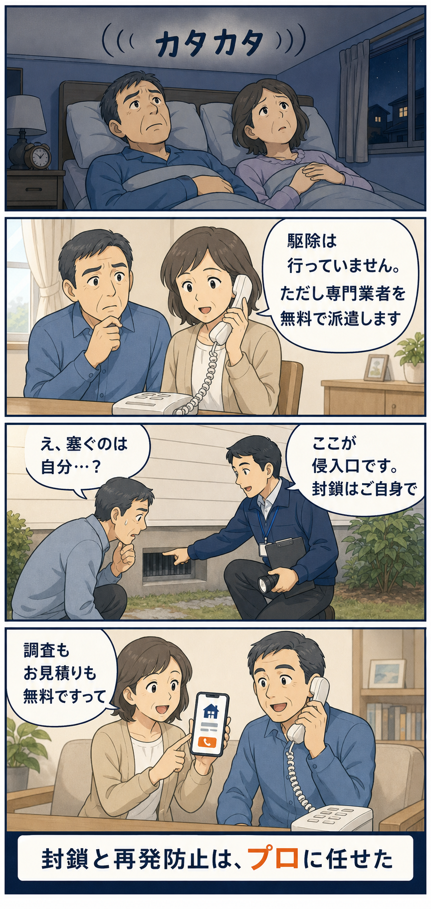 大田区蒲田の夫婦が天井裏のネズミに悩み、区の無料派遣で侵入口を教わったあと、封鎖と再発防止のために駆除業者へ電話するまでを描いた縦長4コマ漫画