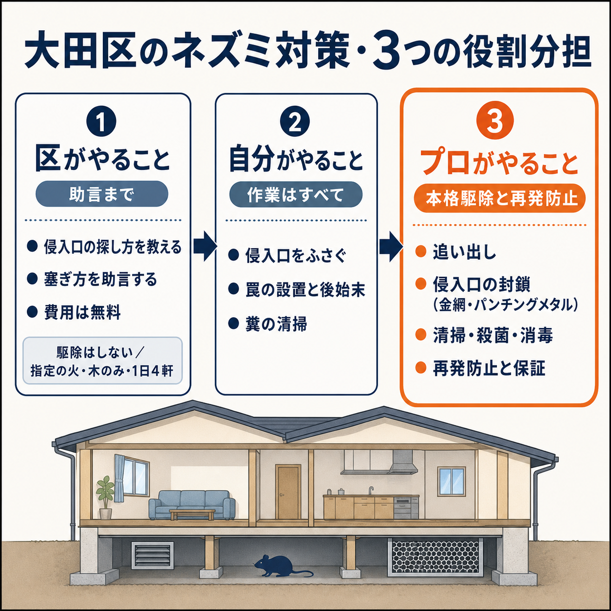 大田区のネズミ対策で区がやること・自分がやること・プロの業者がやることを3つに分けて整理した役割分担の図解