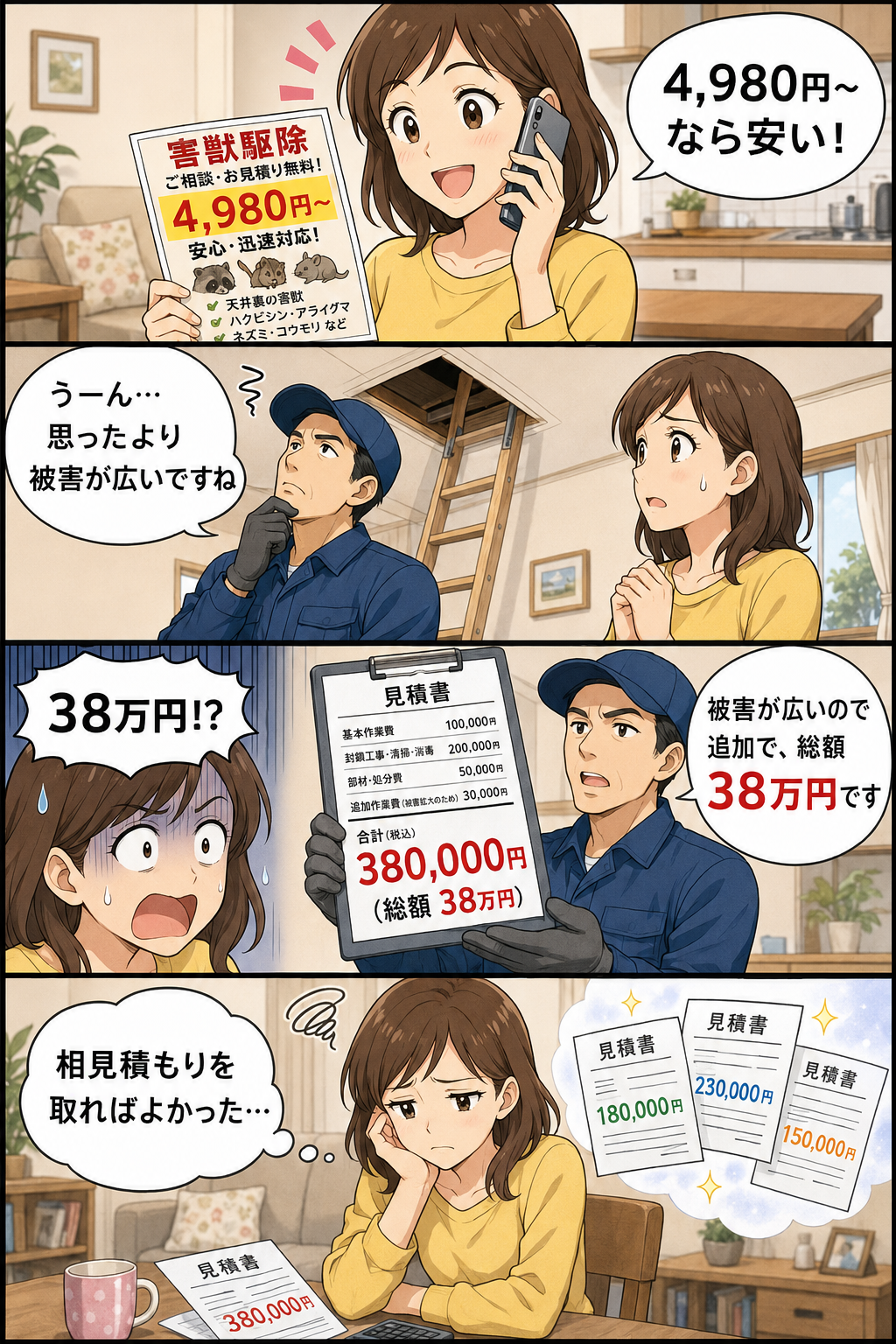 電話口の安い概算に飛びついて高額請求された主婦の4コマ漫画