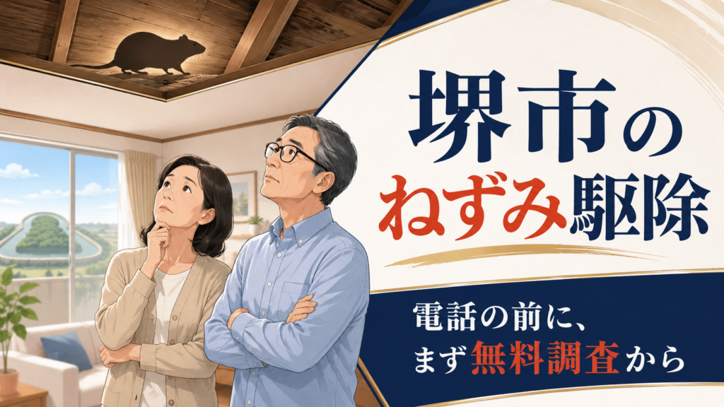 堺市のねずみ駆除｜天井裏のねずみに悩む50代夫婦と仁徳天皇陵のシルエット