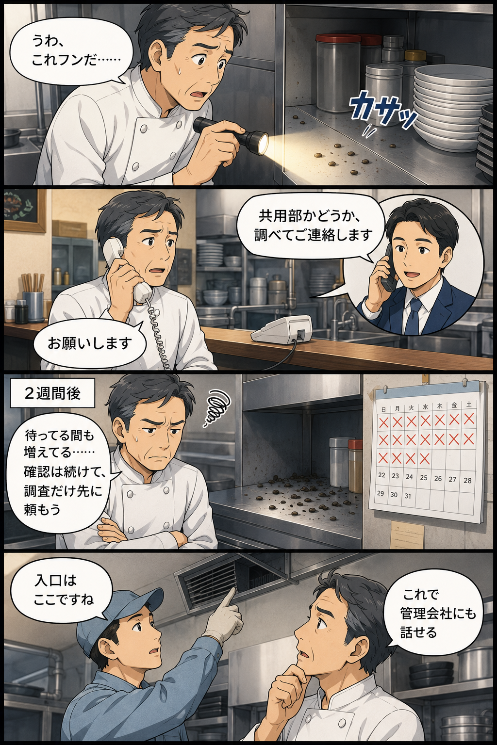 渋谷区の飲食店の店主が厨房でネズミのフンを見つけ、ビル管理会社に確認を頼んだものの返事を待つ間にフンが増えたため、確認と並行して無料調査を先に頼み、換気口の侵入口を特定するまでを記事の流れどおりに描いた縦長4コマ漫画