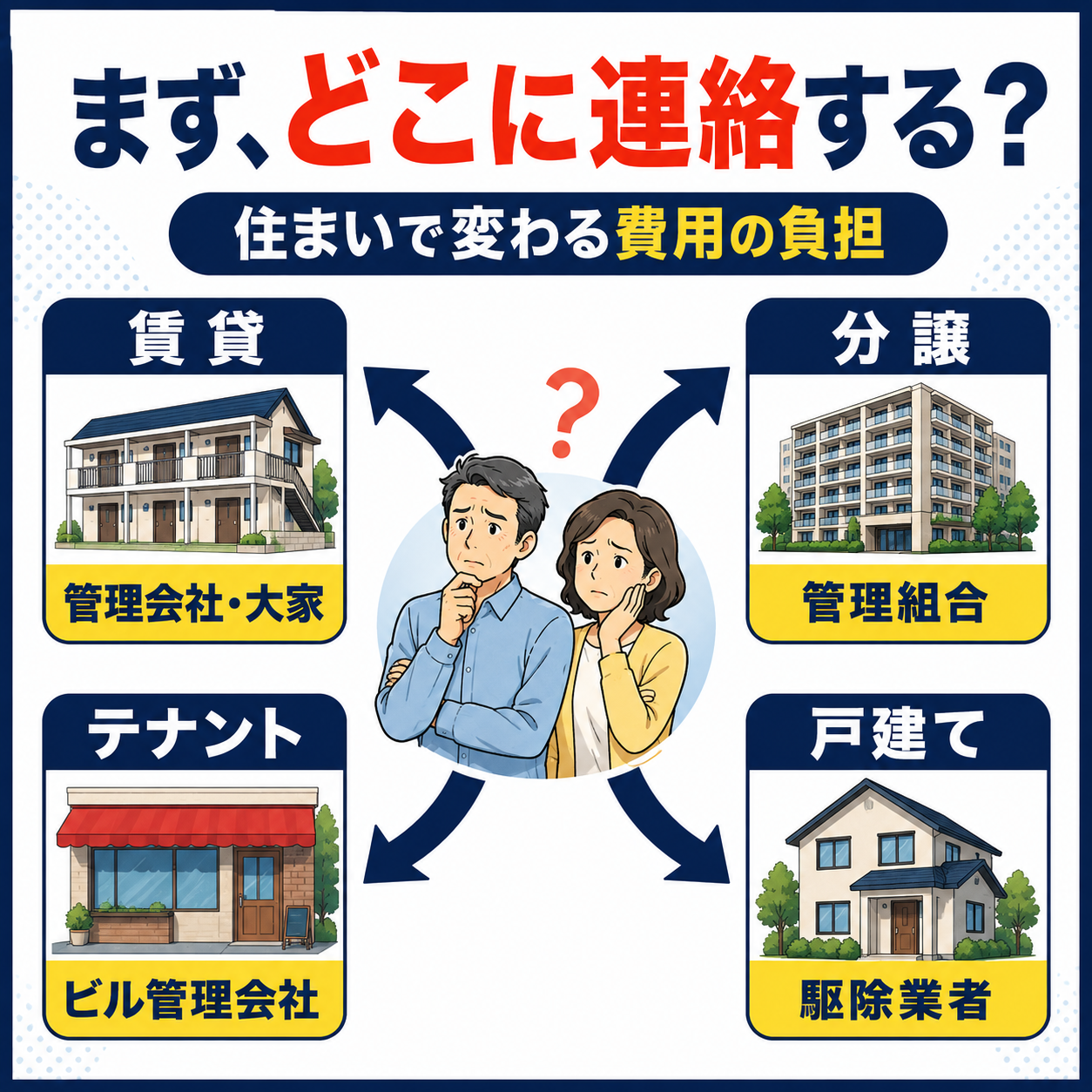 渋谷区でネズミが出たとき賃貸・分譲マンション・テナント店舗・一戸建てのどれに当てはまるかで最初の連絡先と費用の負担者が変わることを示した分岐フロー図