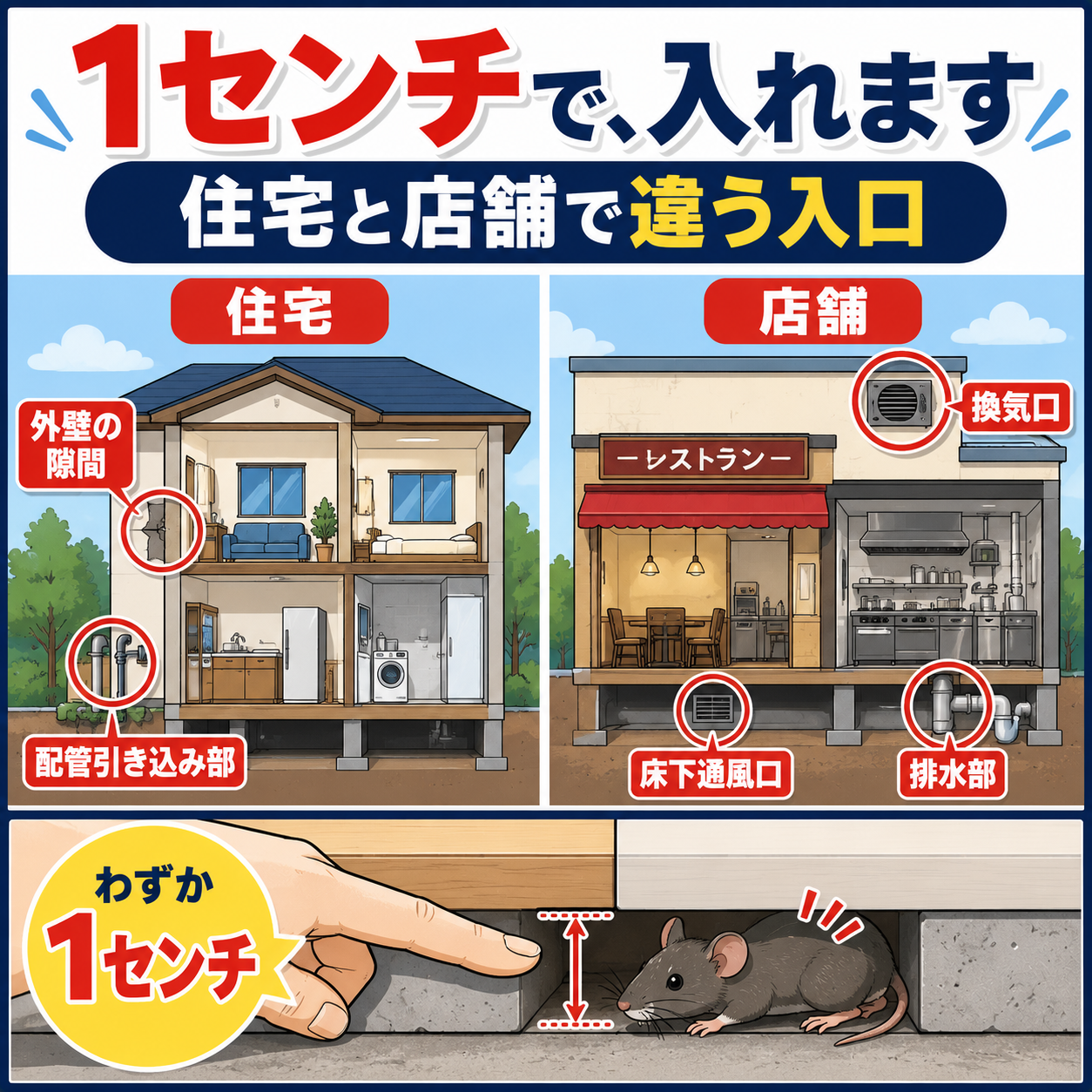 渋谷区の実際の施工5件でネズミの侵入口となっていた外壁の隙間・配管引き込み部・換気口・床下通風口・排水部を住宅と店舗で色分けして示した1センチの隙間チェック図解