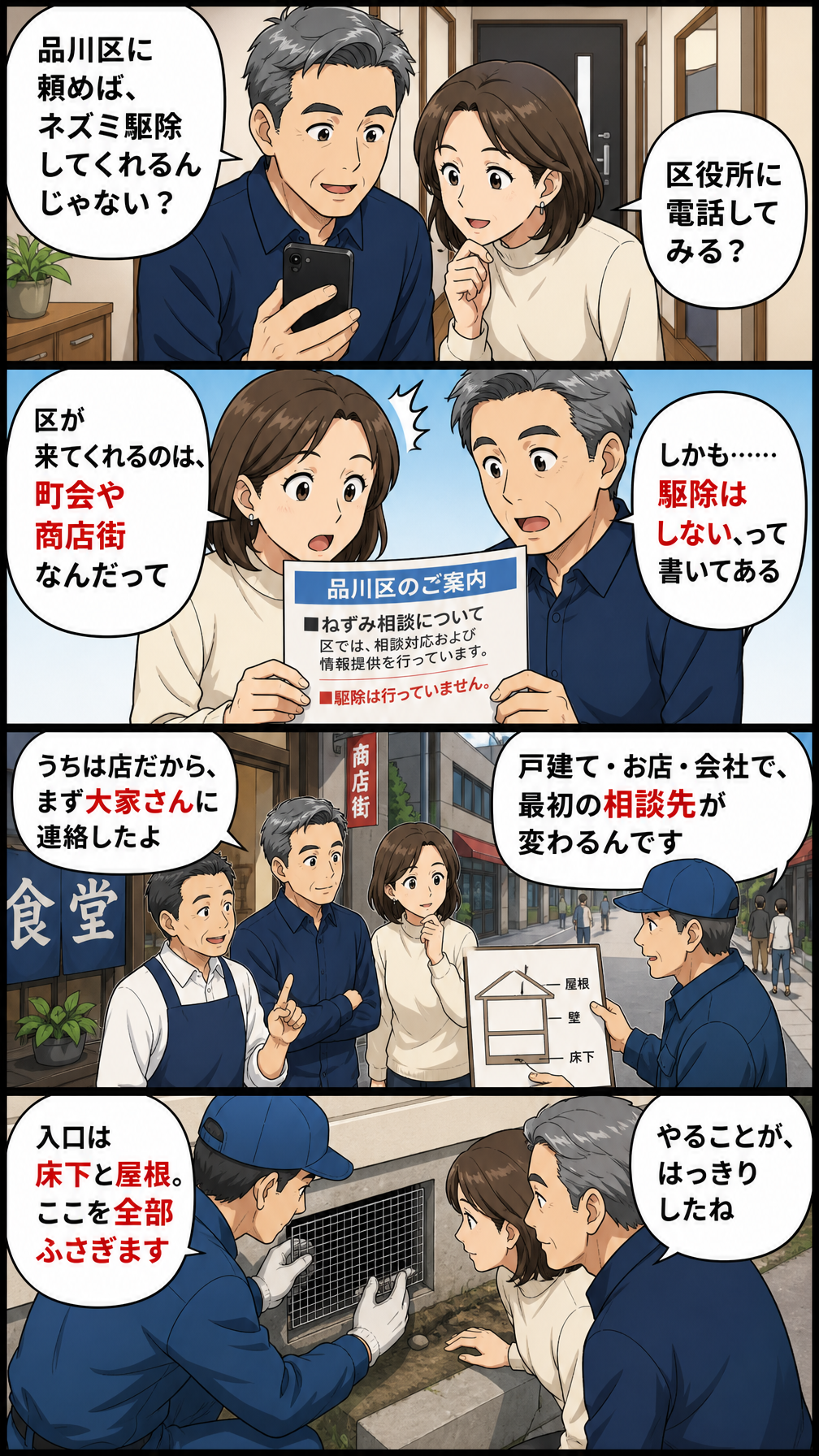 品川区に駆除を期待した夫婦が区は相談対応のみで駆除は行っていないと知り、建物の種類で最初の相談先が変わると教わって床下の通風口を金網で塞いでもらうまでを記事の流れどおりに描いた縦長4コマ漫画