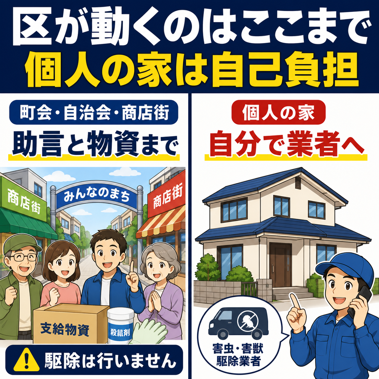 品川区の地域のねずみ対策支援は町会自治会商店街が対象で助言と物資までであり駆除は行わず個人の家は自分で業者へ依頼することを示した図解
