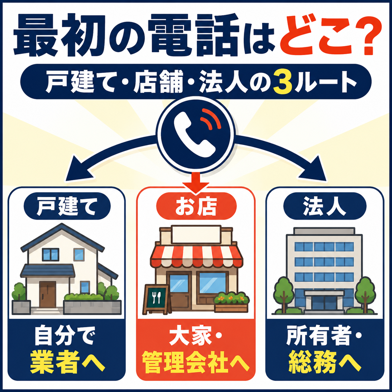 ネズミ被害の最初の電話先が戸建ては自分で業者へ、お店は大家や管理会社へ、法人は所有者や総務へと分かれる3ルートの分岐図