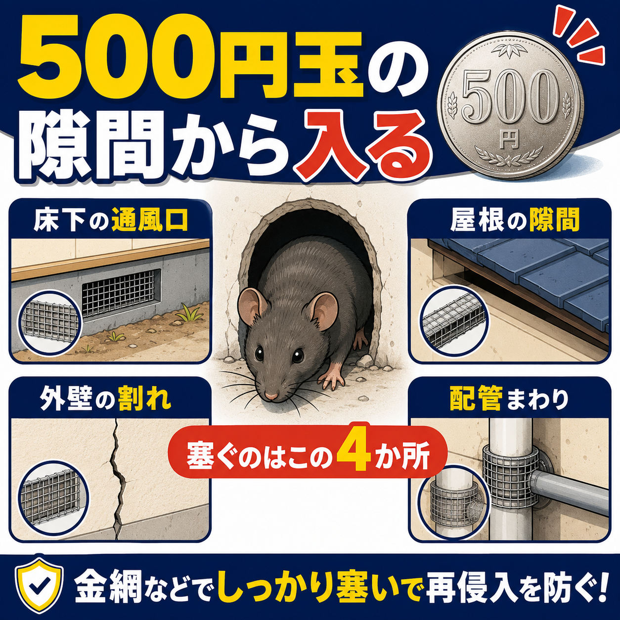 ネズミは500円玉ほどの隙間から入るため床下の通風口と屋根の隙間と外壁の割れと配管まわりの4か所を金網などで塞ぐことを示した図解