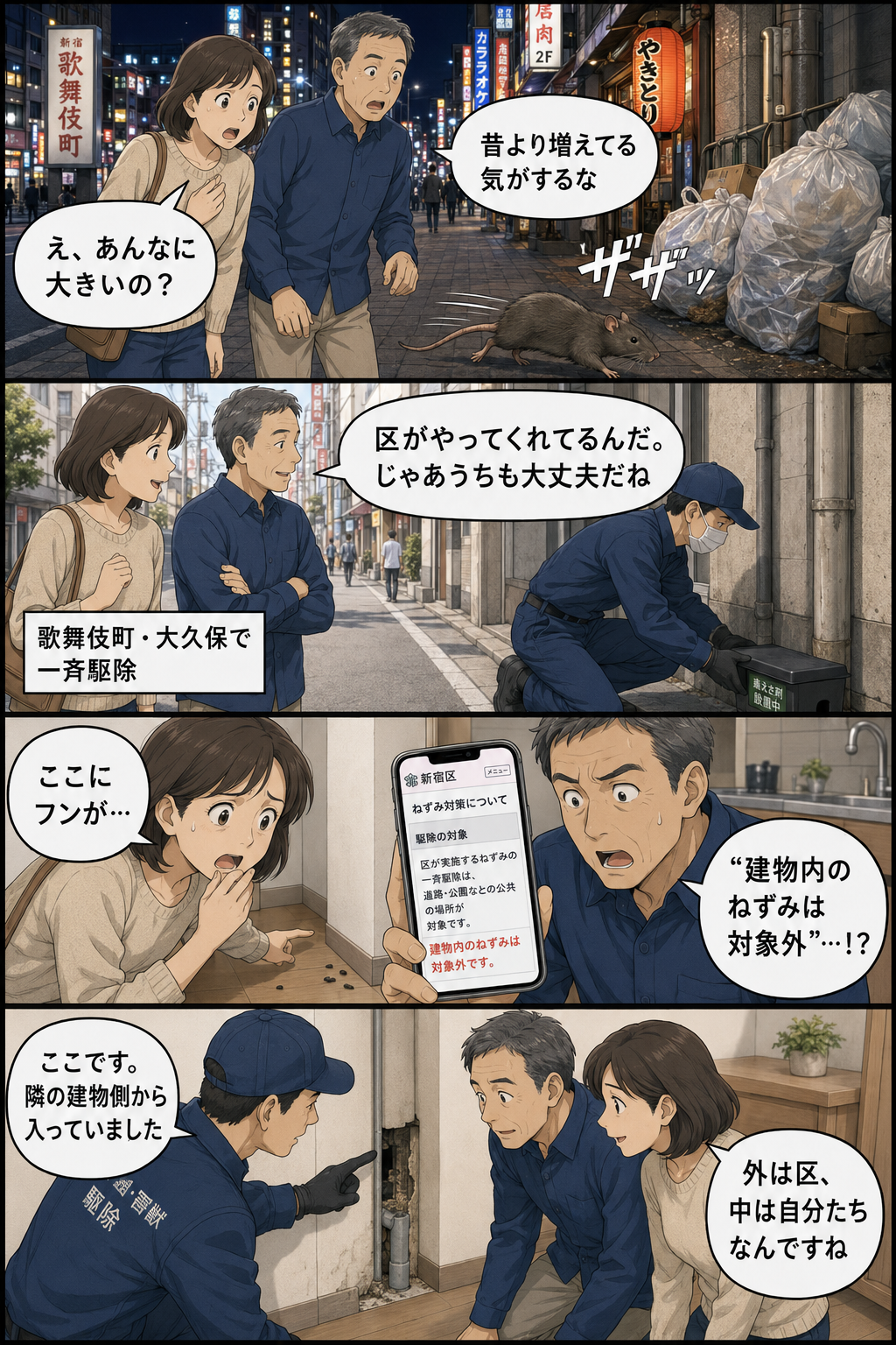 新宿でネズミが増えた理由から区の一斉駆除は屋外だけで建物内は対象外、室内の隙間を塞ぐまでを記事の流れどおりに描いた縦長4コマ漫画