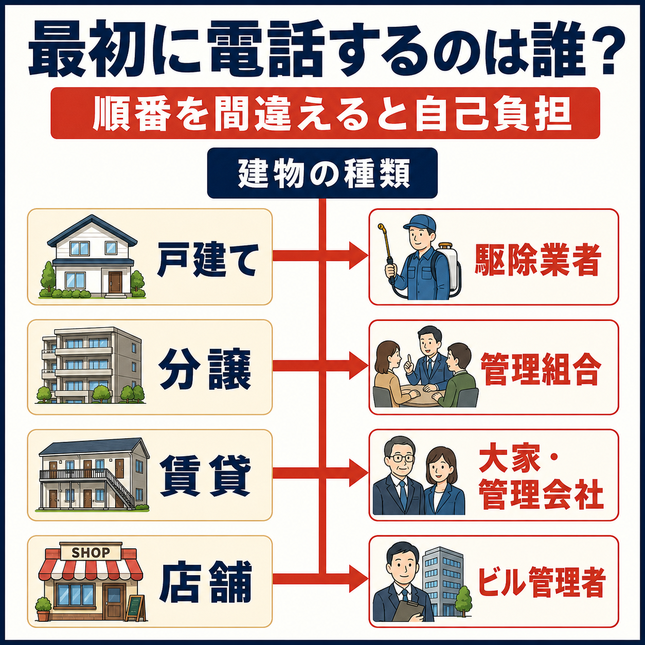 戸建て分譲賃貸店舗ビル別にネズミ被害で最初に連絡する相手を示した新宿区向けの分岐フロー図