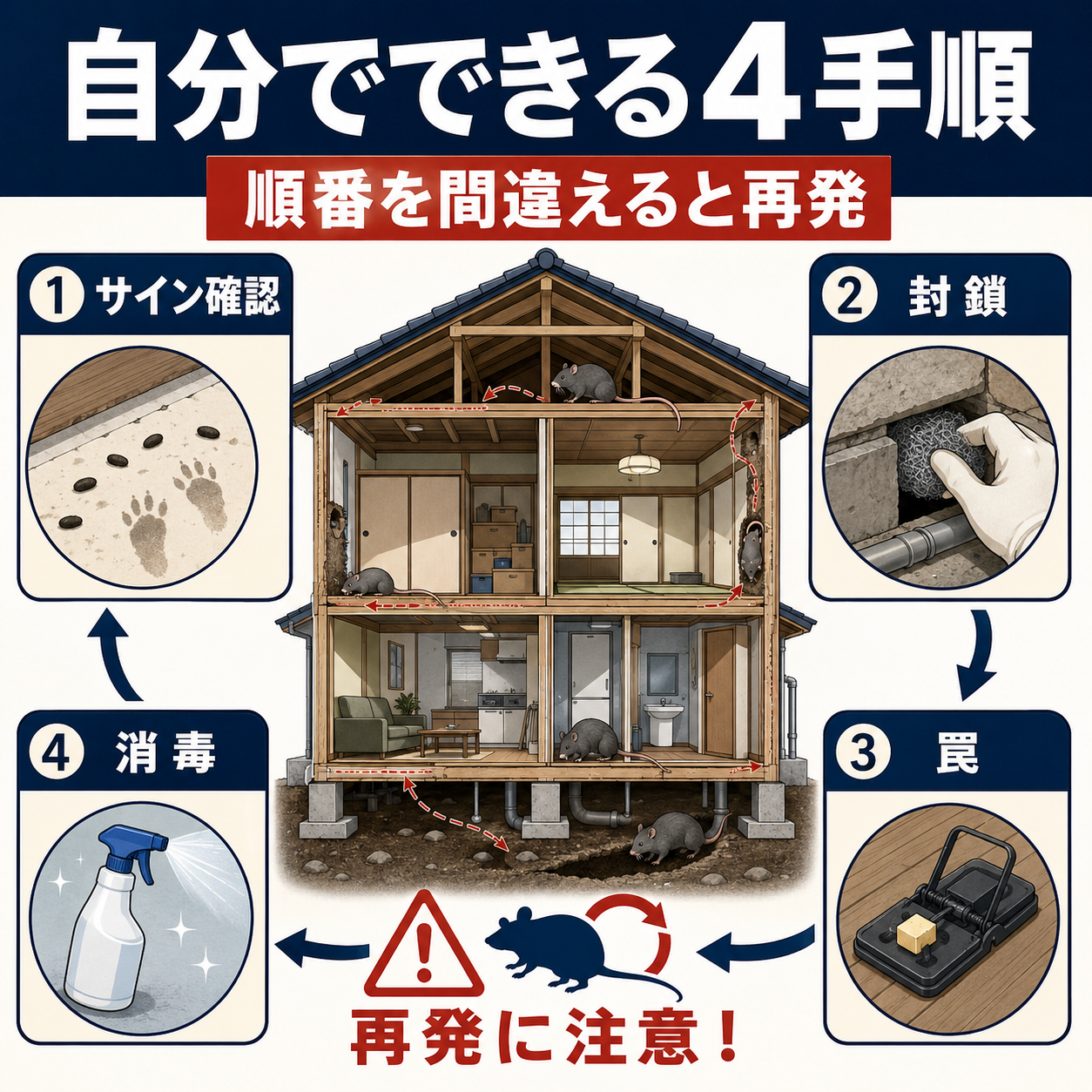 ねずみの侵入口チェックと自分でできる駆除4STEP(ラットサイン確認・侵入口封鎖・罠の設置・清掃消毒)を整理した図解