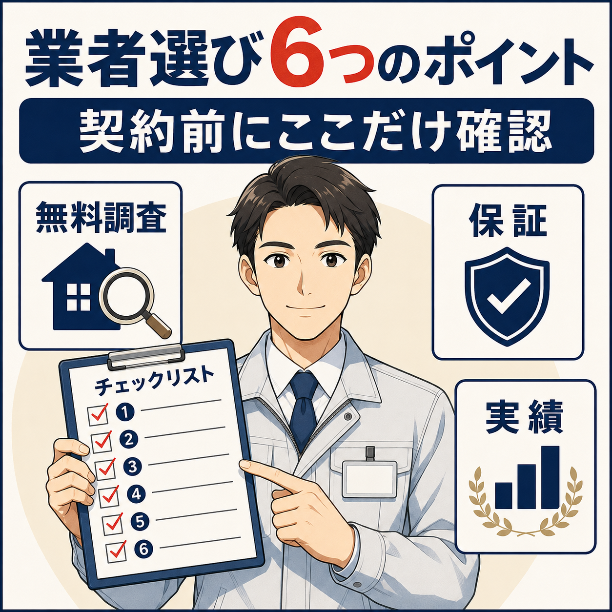 ねずみ駆除業者の選び方6つのポイント(無料調査・再発保証・対応スピード・施工実績・自社施工・第三者評価)を整理した図解