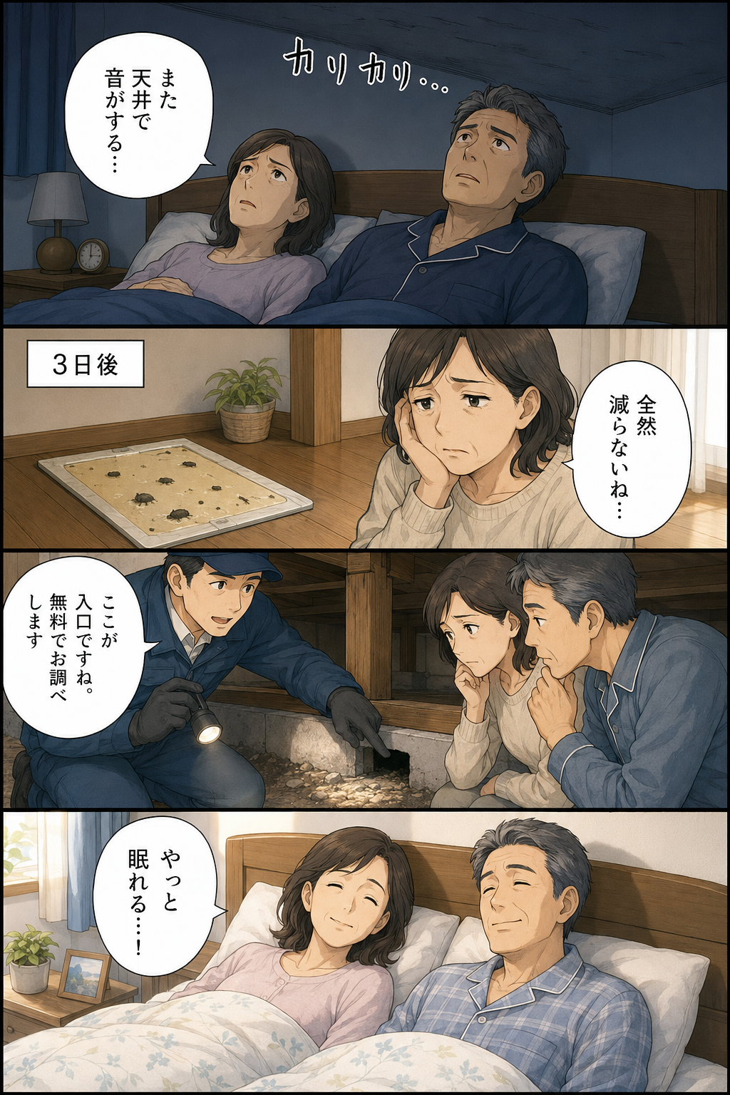 杉並区の50代夫婦が天井裏のねずみの足音に悩み、自力対策の失敗を経て駆除業者に相談し解決するまでを描いた縦長4コマ漫画