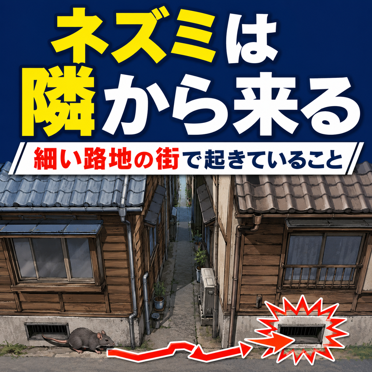 墨田区の木造住宅が密集した路地でネズミが隣の建物から床下通風口へ移動する経路を示した図解