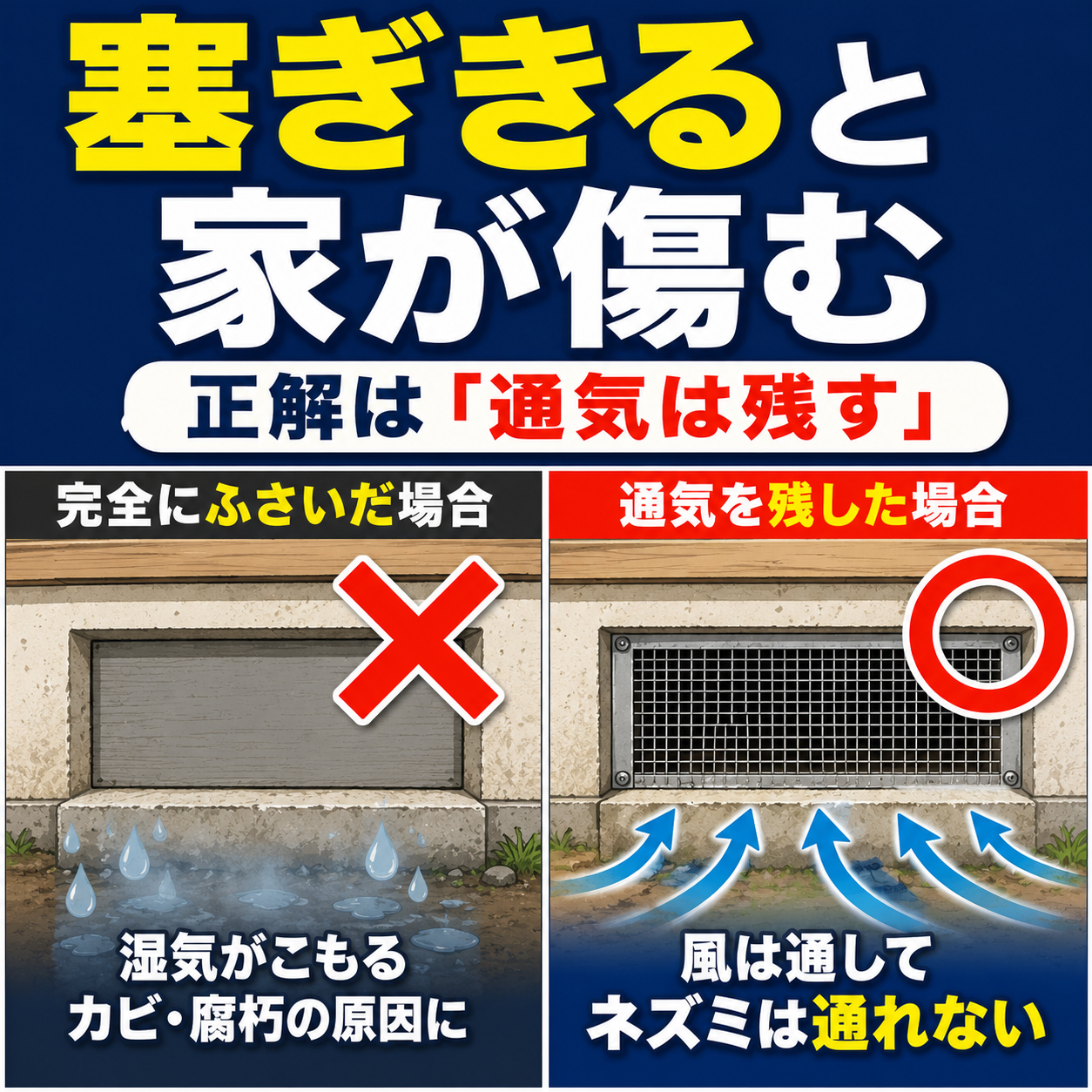 床下通風口を金網で塞いで通気を確保する正しい封鎖方法とコーキングで完全に塞いでしまう失敗例の比較図解