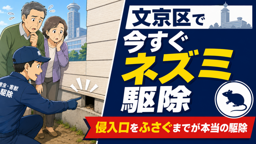 文京区でネズミ駆除を考える人に向けて、困り顔の夫婦と外壁の隙間を指さす作業員を描き、侵入口をふさぐまでが本当の駆除だと示したアイキャッチ画像