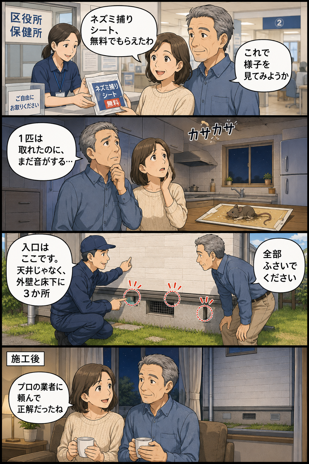 文京区の夫婦が保健所でネズミ捕りシートをもらい1匹捕れたものの音が止まらず、調べると侵入口は天井ではなく外壁と床下の3か所で、全部ふさいで静かになるまでを記事の流れどおりに描いた縦長4コマ漫画