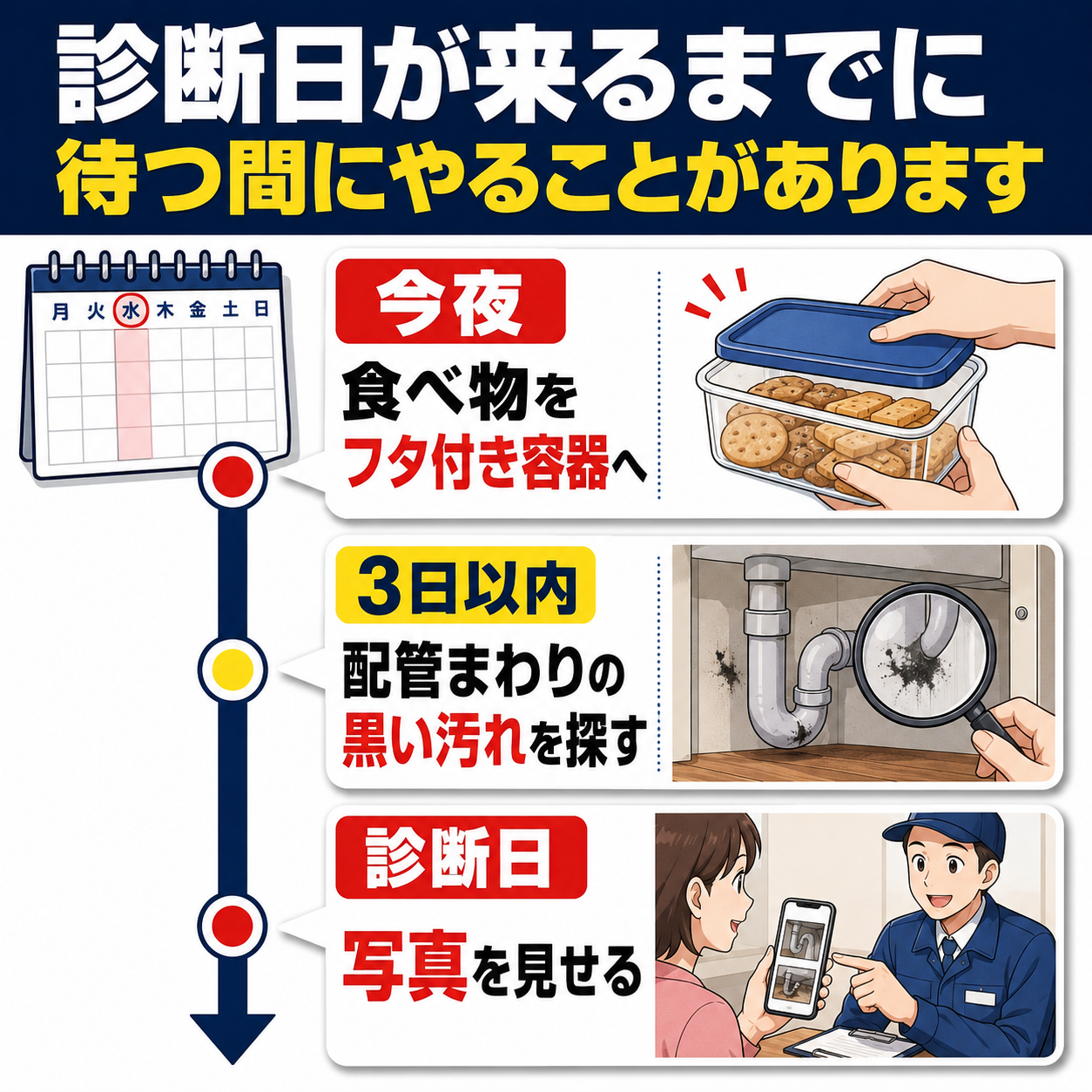 文京区のネズミ防除訪問診断の日が来るまでにやることを、今夜・3日以内・診断日の3段階に分けて示した時間割の図解