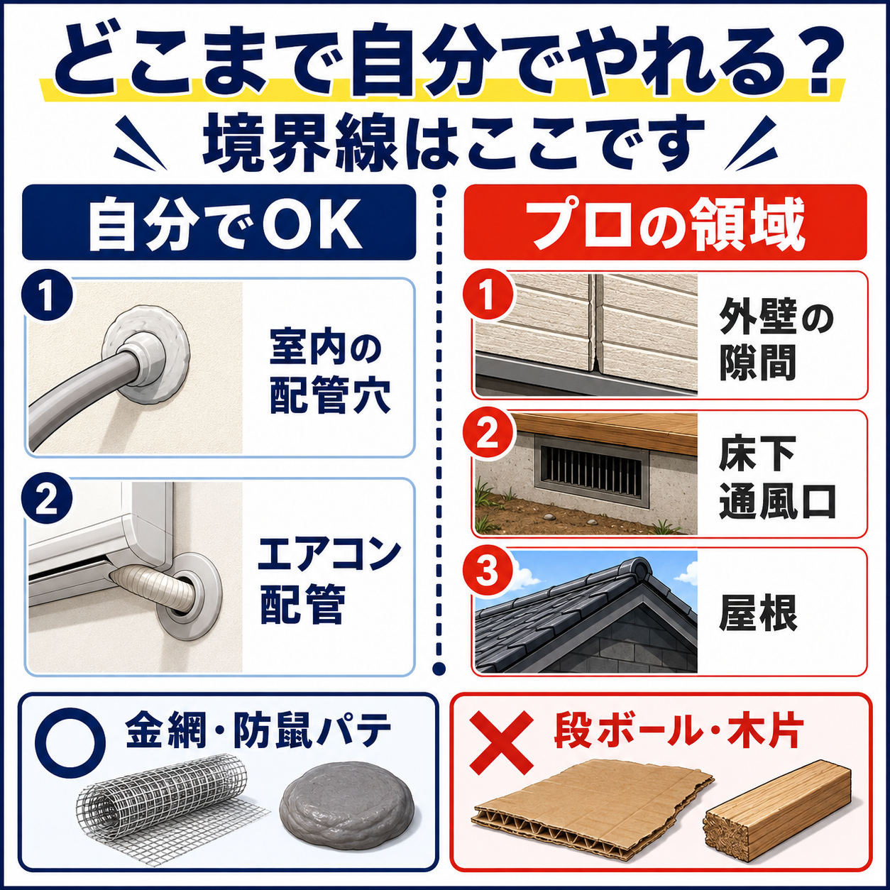 ネズミの侵入口のうち自分で塞げる室内の配管穴と、プロでないと塞げない外壁や床下通風口の境界線を示した図解