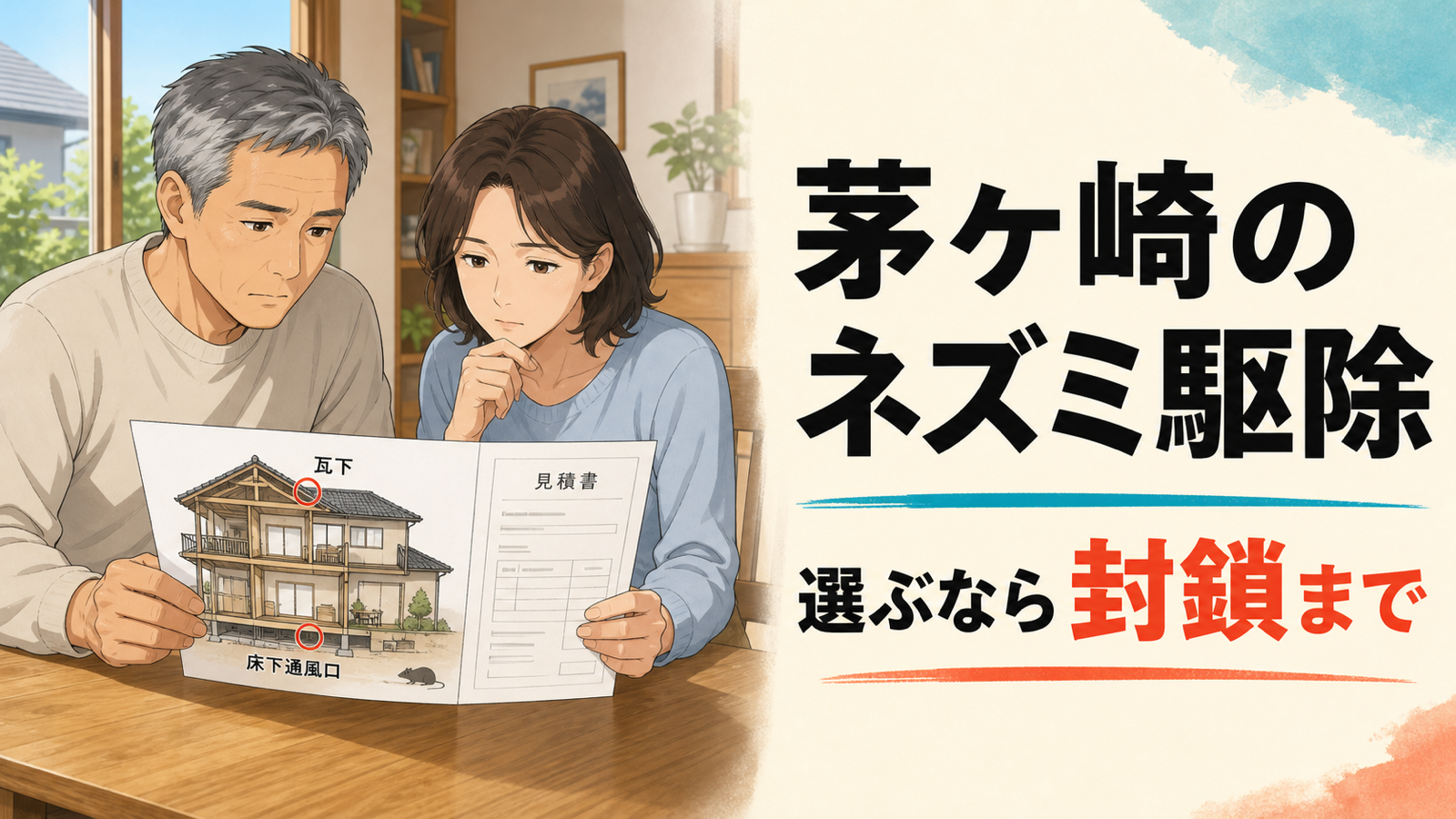 茅ヶ崎市でネズミ駆除を検討する50代夫婦が、瓦下と床下通風口を示した住宅の断面図と見積書を見比べているアイキャッチ画像