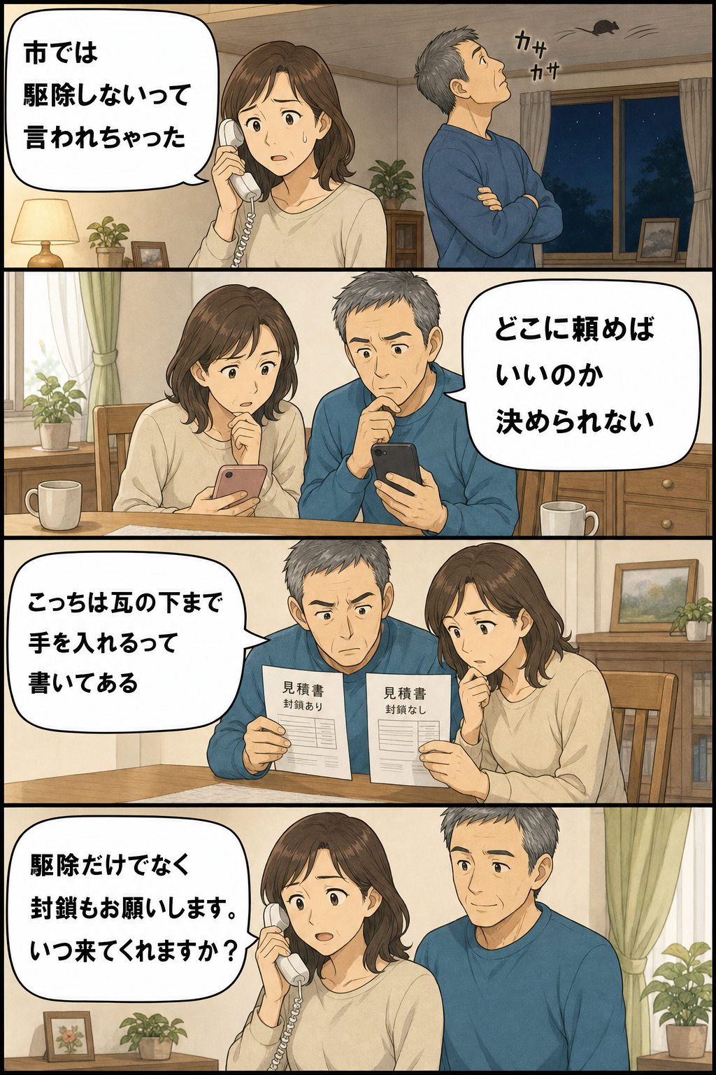 茅ヶ崎市で天井裏のネズミに気づいた夫婦が、市役所に断られ業者選びに迷い、封鎖工事の有無で選んで相談するまでの4コマ漫画