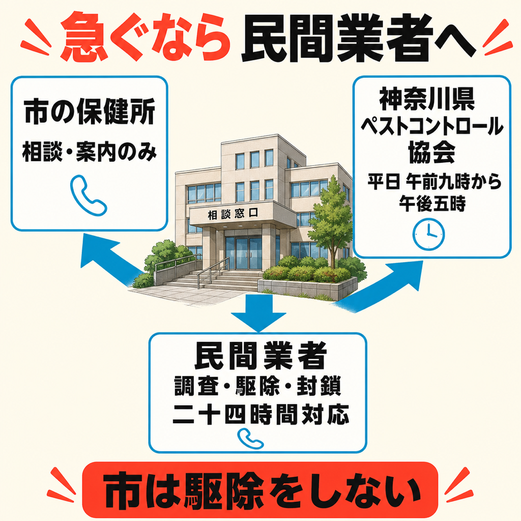 茅ヶ崎市に相談したときの流れを示す図解。市の保健所は相談のみ、神奈川県ペストコントロール協会は平日9時から17時、民間業者は24時間対応という3つの道を比較